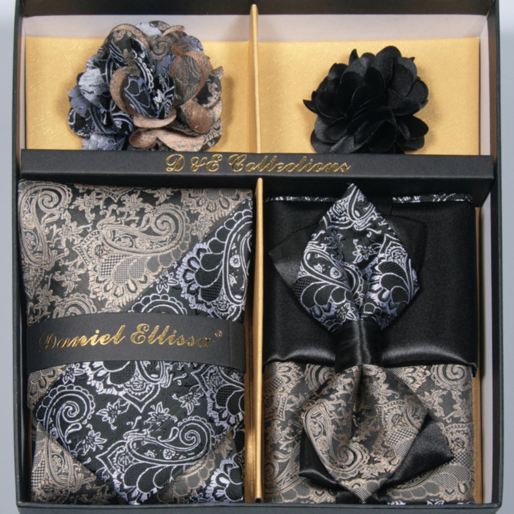 6 Piece Silver Gold Black Necktie & Bow Tie Set